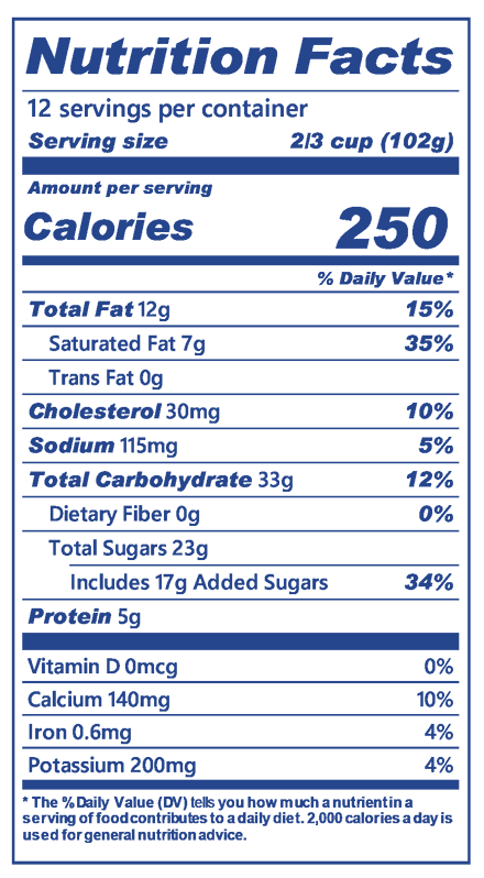 Blue Bell Cookie Two Step Ice Cream half gallon nutrition label