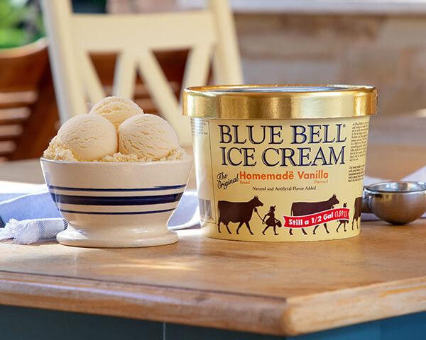 Blue Bell Homemade Vanilla Ice Cream with a half gallon carton and bowl
