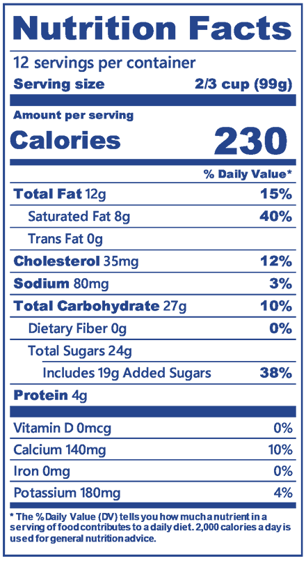 Blue Bell Mardi Grad King Cake Ice Cream half gallon nutrition label