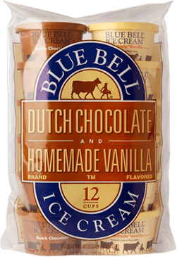 12 pack of single serve blue bell homemade vanilla and dutch chocolate ice cream cups