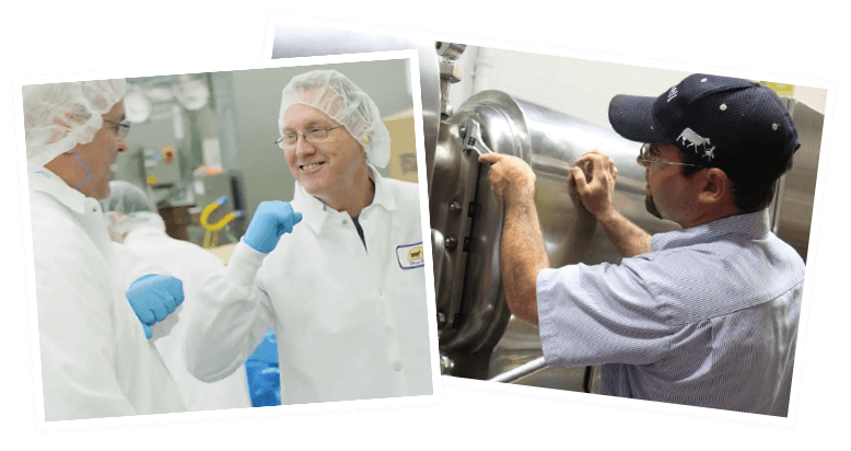 image collage of two blue bell employees high-fiving and another blue bell employee fixing a machine in the factory