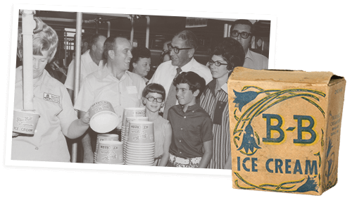 historical image of blue bell factory tour and first blue bell ice cream carton