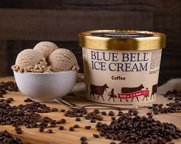 Blue Bell Coffee Ice Cream in half gallon with bowl