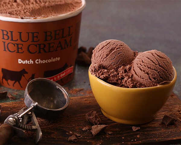 Blue Bell Dutch Chocolate Ice Cream in bowl and half gallon