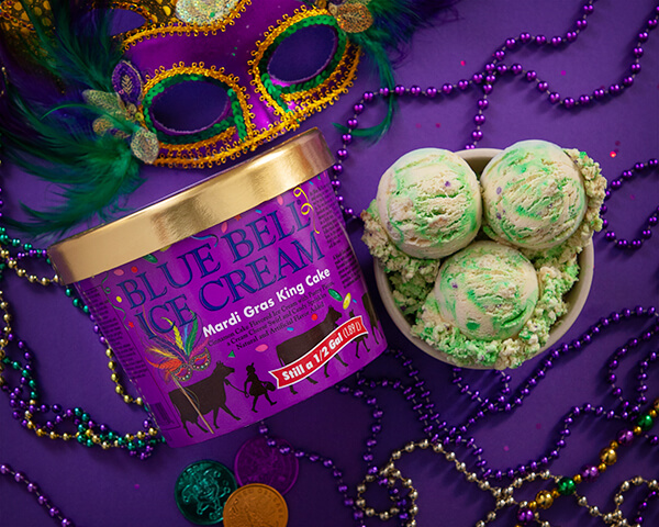 Blue Bell Mardi Gras King Cake Ice Cream in pint with bowl