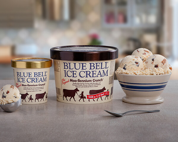 Blue Bell Moo-llennium Crunch Ice Cream in half gallon and pint with bowl