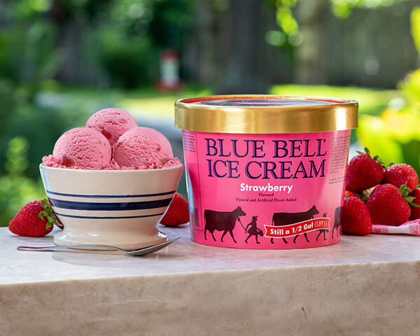 Blue Bell Strawberry Ice Cream in half gallon with bowl