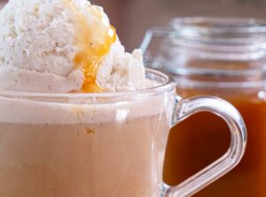 Close up of Blue Bell Affogato recipe with caramel topping