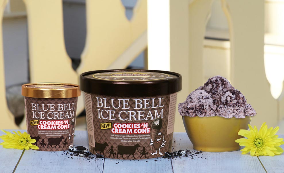 Blue Bell Cookies 'n Cream Cone in gallon, pint and scoops in a bowl