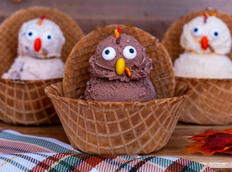 Turkey shaped ice cream desserts made with scoops of Blue Bell