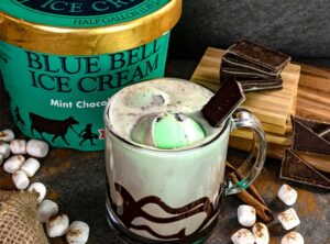 Blue Bell Hot Chocolate Float with Blue Bell Mint Chocolate Ice Cream