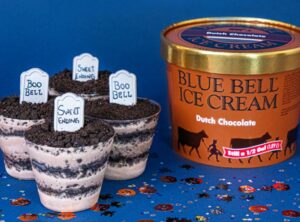 Cups of layered dirt cup dessert made with Blue Bell Dutch Chocolate ice cream