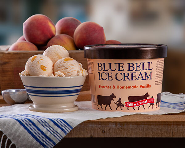 Blue Bell Peaches and Homemade Vanilla Ice Cream in half gallon