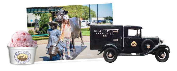 Blue Bell ice cream in a cup, photo of girl visiting Blue Bell Creameries, historic Blue Bell ice cream truck