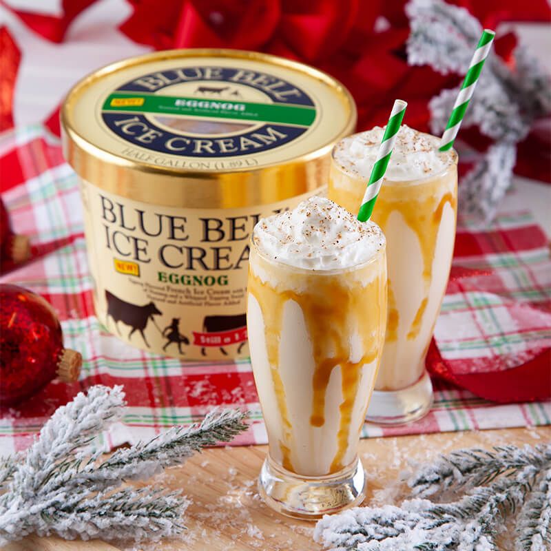 Blue Bell Eggnog Milkshake with caramel and whipped cream