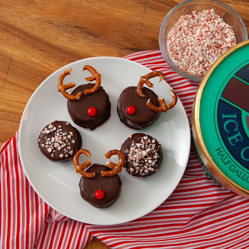 Blue Bell Peppermint Ice Cream reindeer bonbons on a plate