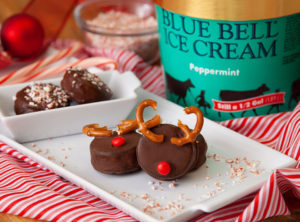 Blue Bell Peppermint Ice Cream Reindeer Bonbons on a plate