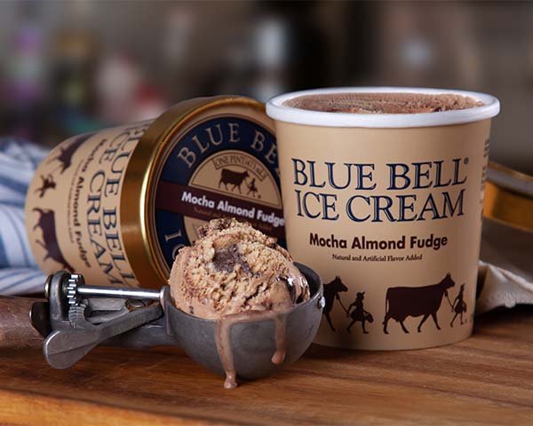 Blue Bell Mocha Almond Fudge Ice Cream in pint with scoop of ice cream