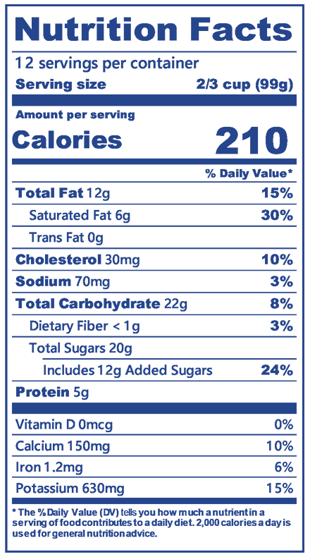 Blue Bell Banana Nut Ice Cream half gallon nutrition label