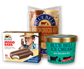 Blue Bell 12 pk Moo bars, Half gallon Mint Chocolate Chip, 12 pk cups