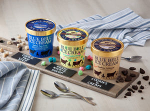 Blue Bell tasting flight with pints of Cookies 'n Cream, Krazy Kookie Dough, and Cookie Two Step