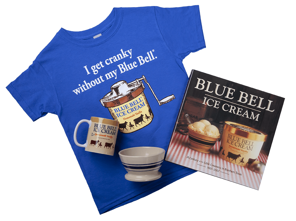Blue Bell Ice Cream merchandise: t-shirt, mug, bowl, and book