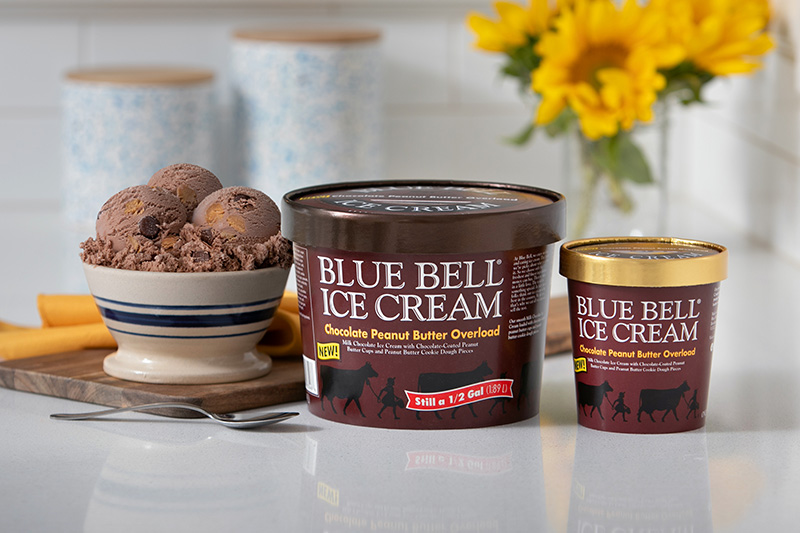 Blue Bell Chocolate Peanut Butter Overload Ice Cream in half gallon and pint size