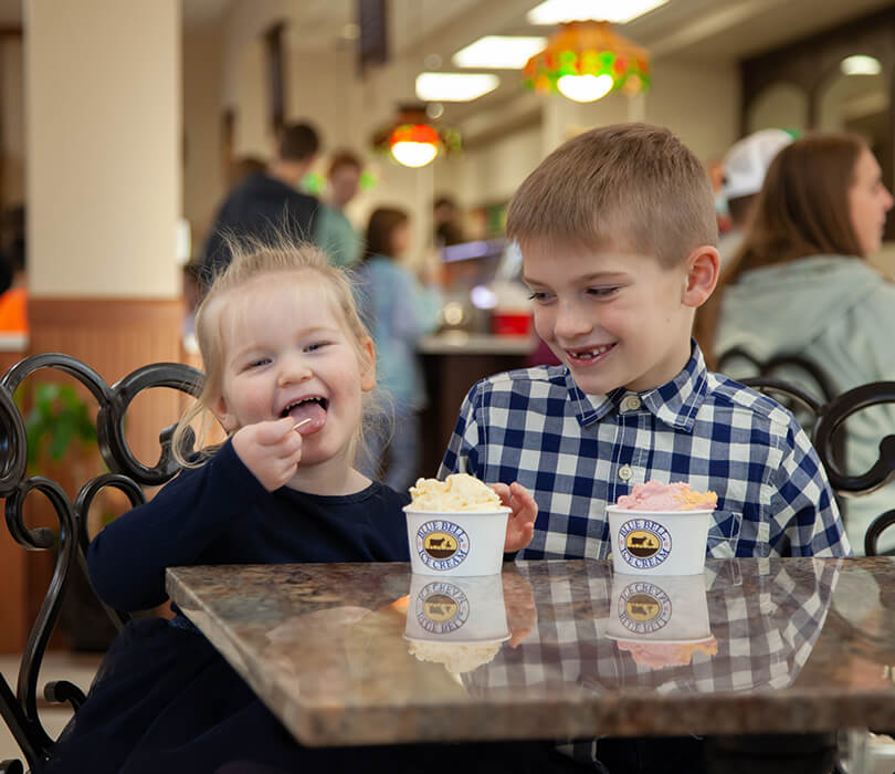 Young boy and girl eating ice cream in the ice cream parlor