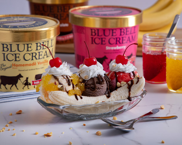 Banana split with Blue Bell Ice Cream