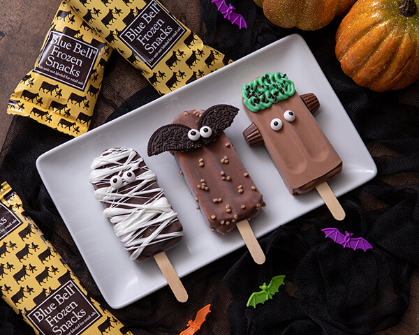 Blue Bell Mooo Bar, Krunch Bar, and Fudge Bar made into Halloween treats.