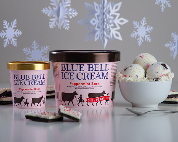 Blue Bell Peppermint Bark Ice Cream in half gallon and pint