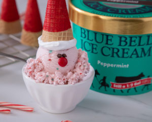 Blue Bell Peppermint Ice Cream decorated as Santa using painted ice cream cone