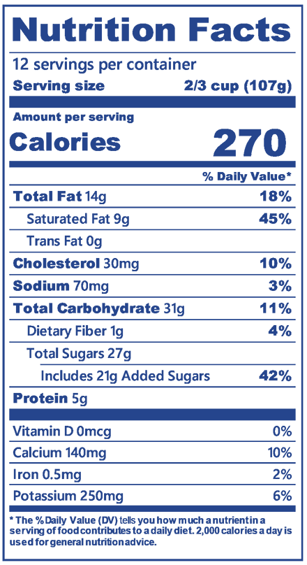 Blue Bell Tin Roof Ice Cream in half gallon nutrition label