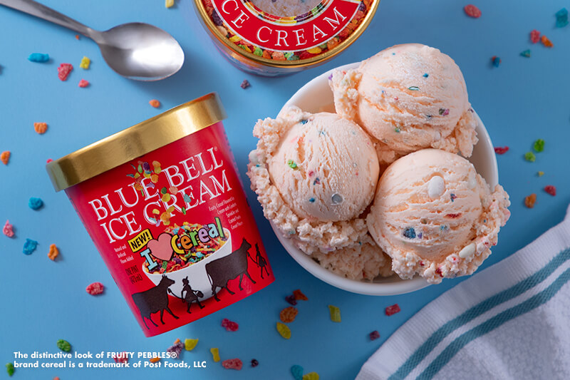 Blue Bell I Heart Cereal Ice Cream in pint with bowl