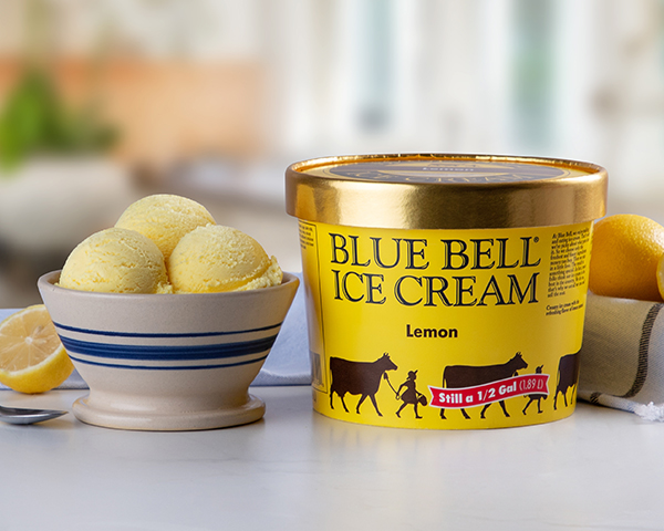 Blue Bell Lemon Ice Cream in bowl with half gallon