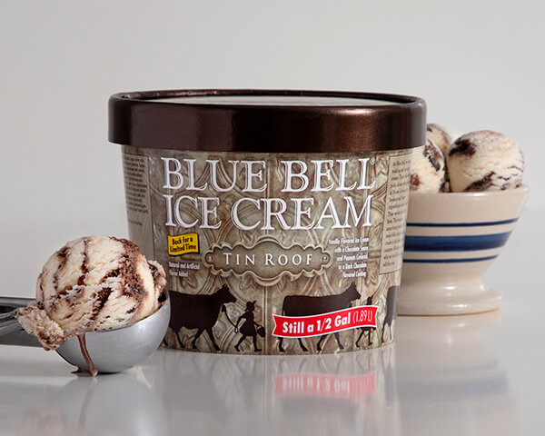 Blue Bell Tin Roof Ice Cream in half gallon with bowl