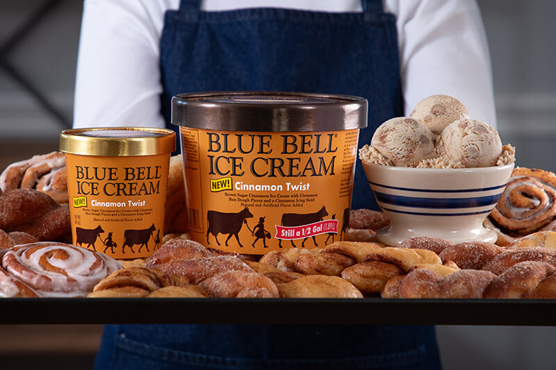 Blue Bell Cinnamon Twist Ice Cream in half gallon and pint with bowl