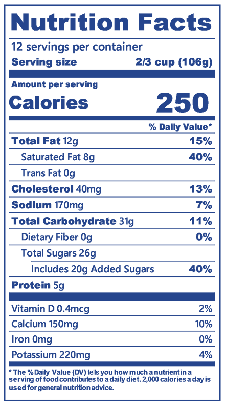 Blue Bell Salted Caramel Brownie Ice Cream half gallon nutrition label