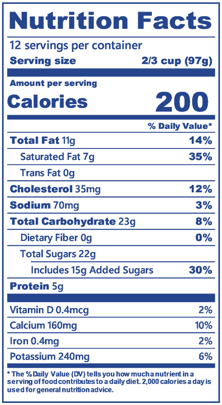 Blue Bell Banana Fudge Ice Cream half gallon nutrition label