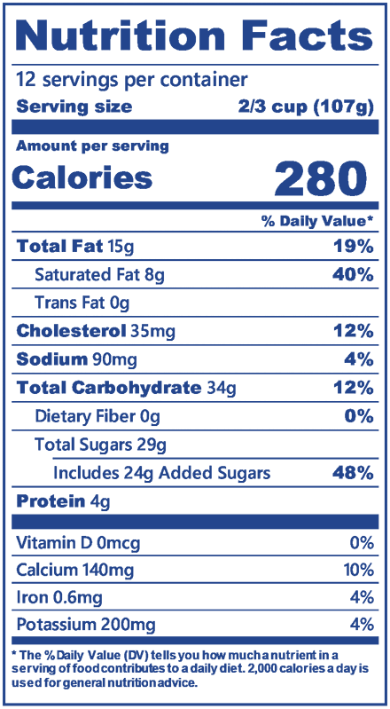 Cookie Cake in half gallon nutrition label