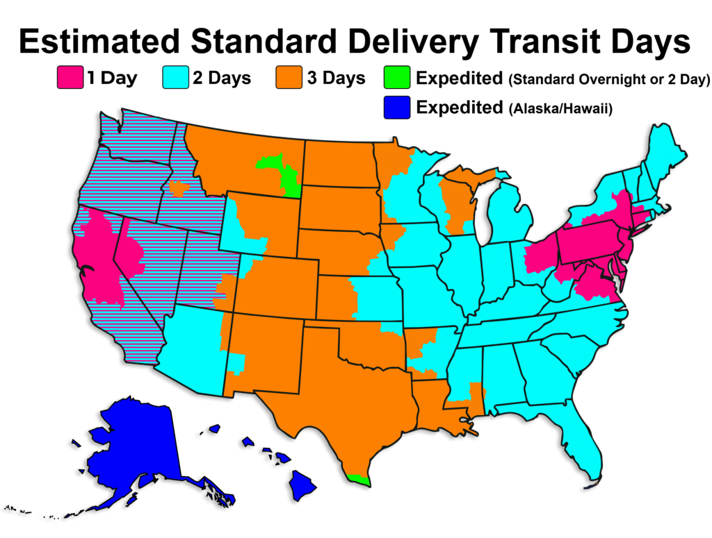 A color-coded map of the United States titled 'Estimated Standard Delivery Transit Days,' showing states in pink, cyan, orange, green, and blue with a legend explaining the color meanings.